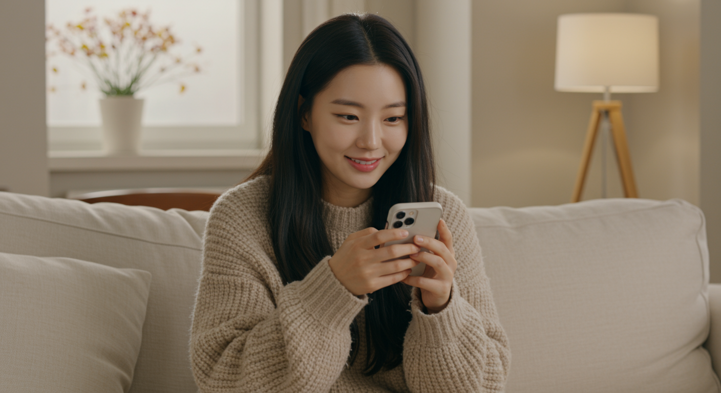 아늑한 집에서 스마트폰으로 팬들과 소통하는 한국 여배우