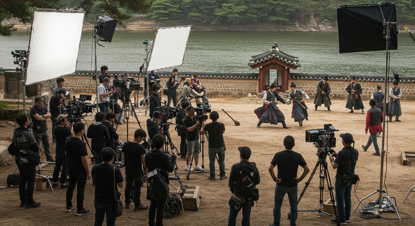 한강을 배경으로 촬영 중인 역사 드라마의 제작 현장