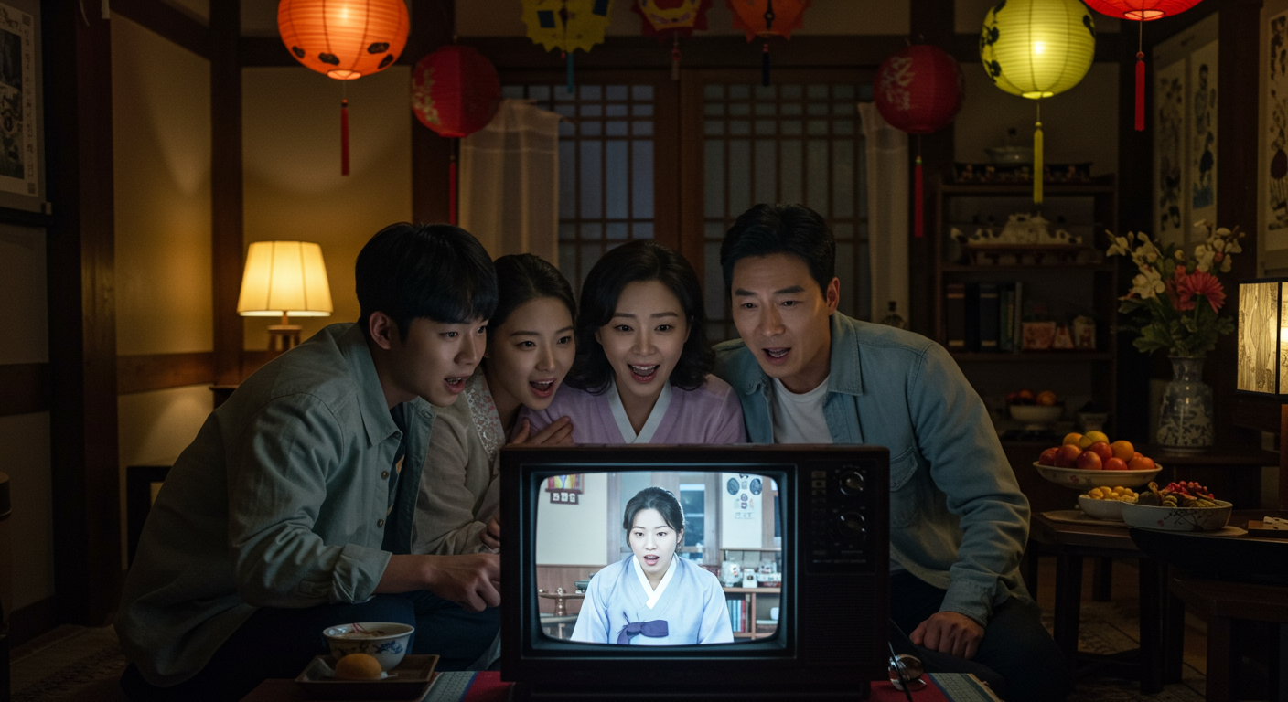 추석 명절 동안 가족이 함께 인기 있는 한국 드라마를 시청하는 장면