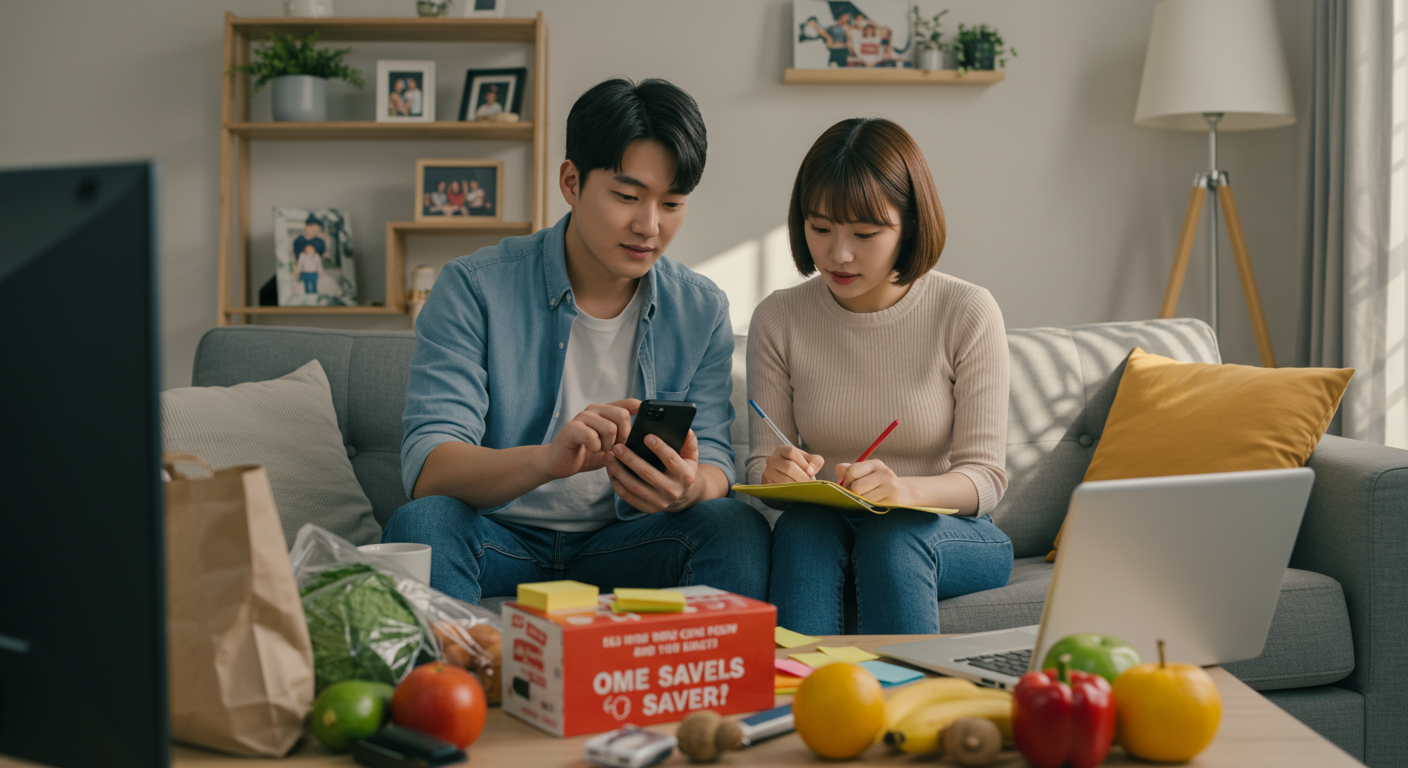 스마트폰과 노트패드를 이용하여 전자제품과 식료품 할인을 계산하는 젊은 커플