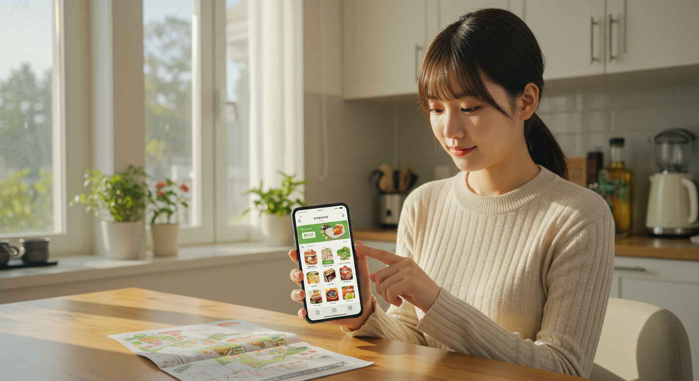 모바일 앱으로 식료품을 주문하고 신선식품 구매를 계획하는 한국 소비자의 일상