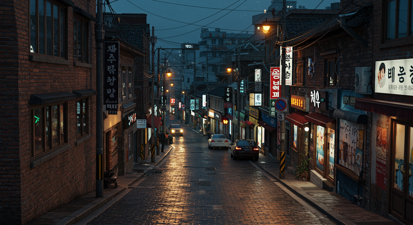 APS-C 센서 기술로 포착된 한국 도시 거리에서 텍스처와 그림자가 돋보이는 고해상도 이미지