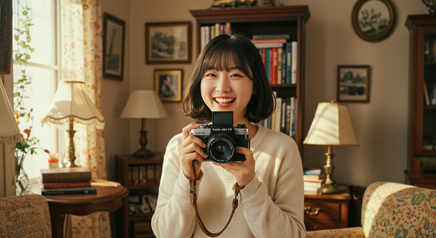 젊은 여성이 코닥 울트라 F9 필름카메라를 들고 사진 책과 빈티지 소품이 있는 방에서 설레는 모습