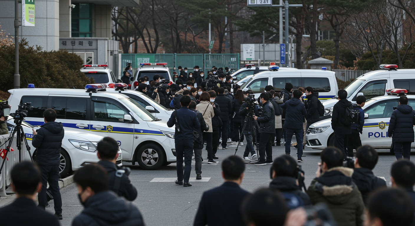 부산지방법원 앞에서 경찰차와 기자들이 모여있는 긴장된 거리 모습