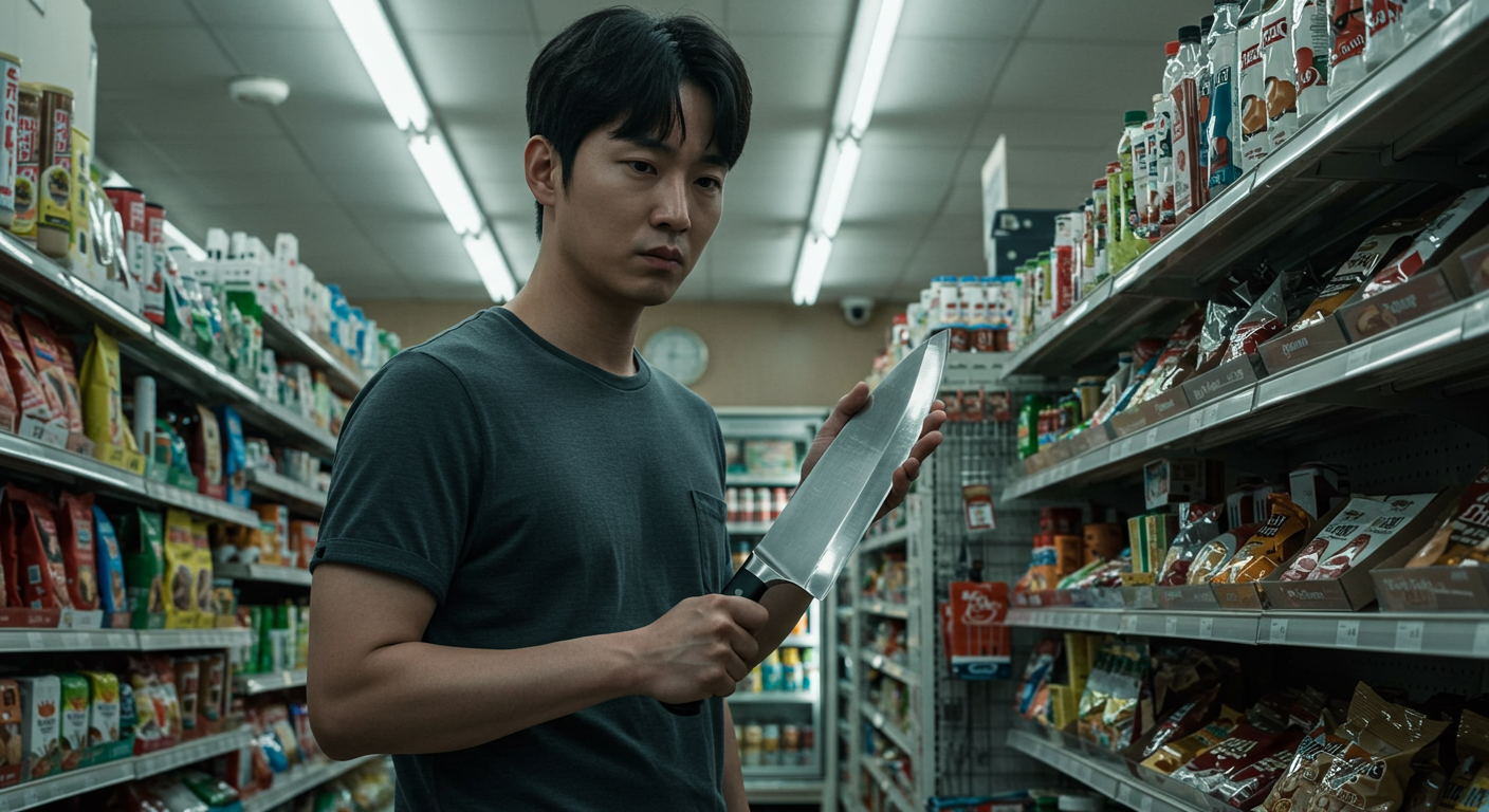 큰 주방용 칼을 편의점에서 구매하는 한국 남성의 사전 준비를 나타내는 모습