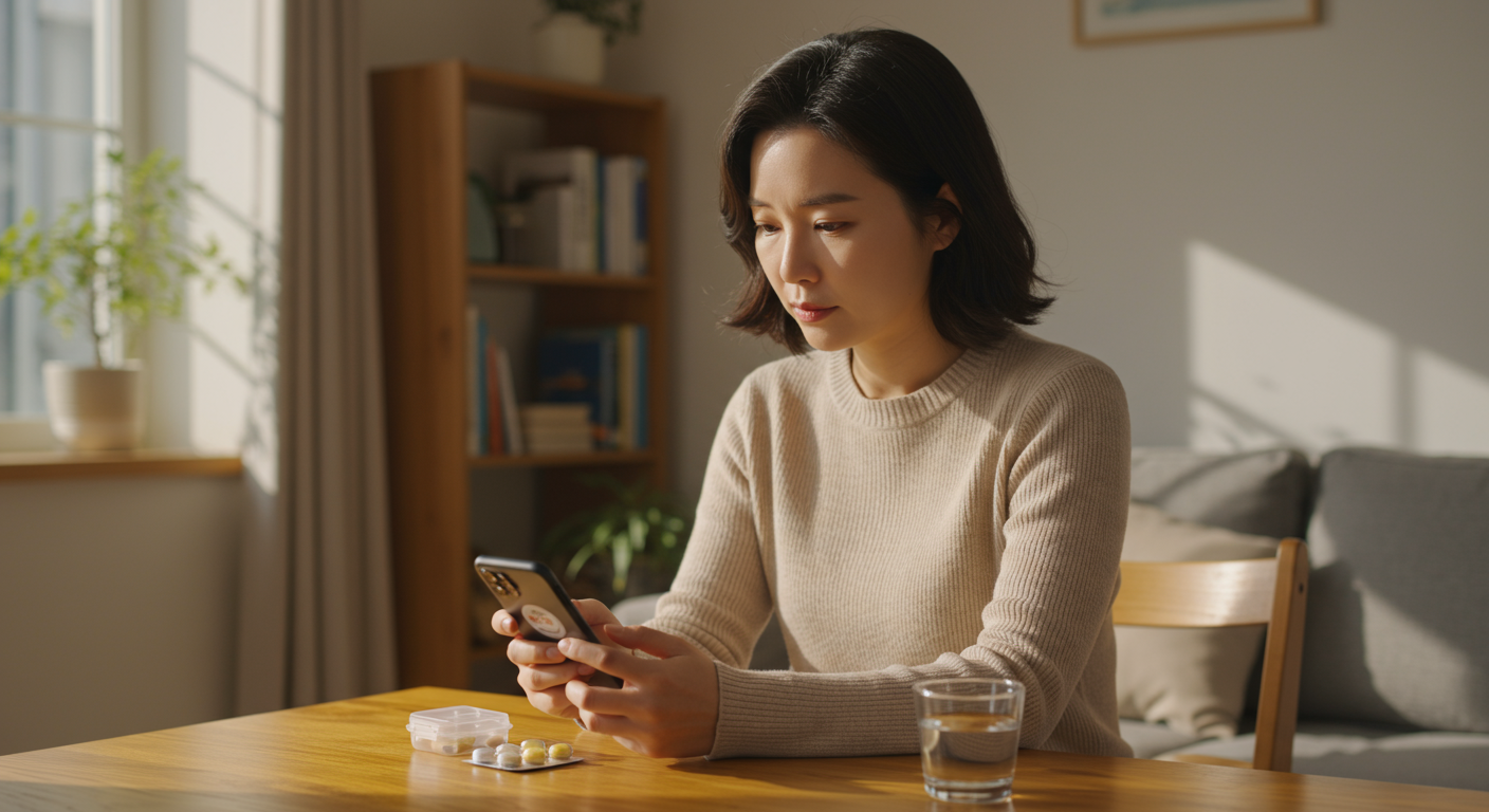 집에서 스마트폰으로 약 복용 알림 앱을 확인하는 여성의 모습