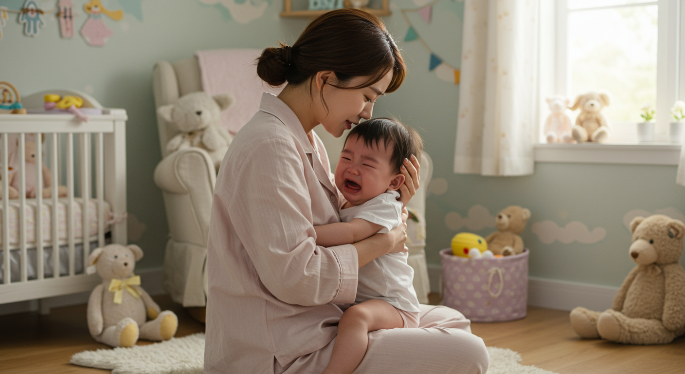 부드러운 조명과 차분한 색감의 유아실에서 엄마가 우는 아기를 달래고 있는 장면