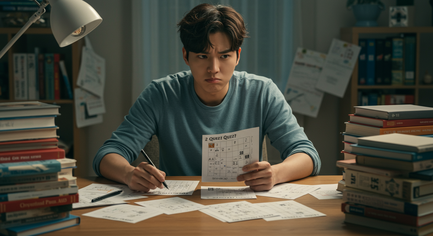 책과 종이들로 둘러싸인 책상에 앉아 난센스 퀴즈를 풀며 고민하는 젊은 남성의 모습
