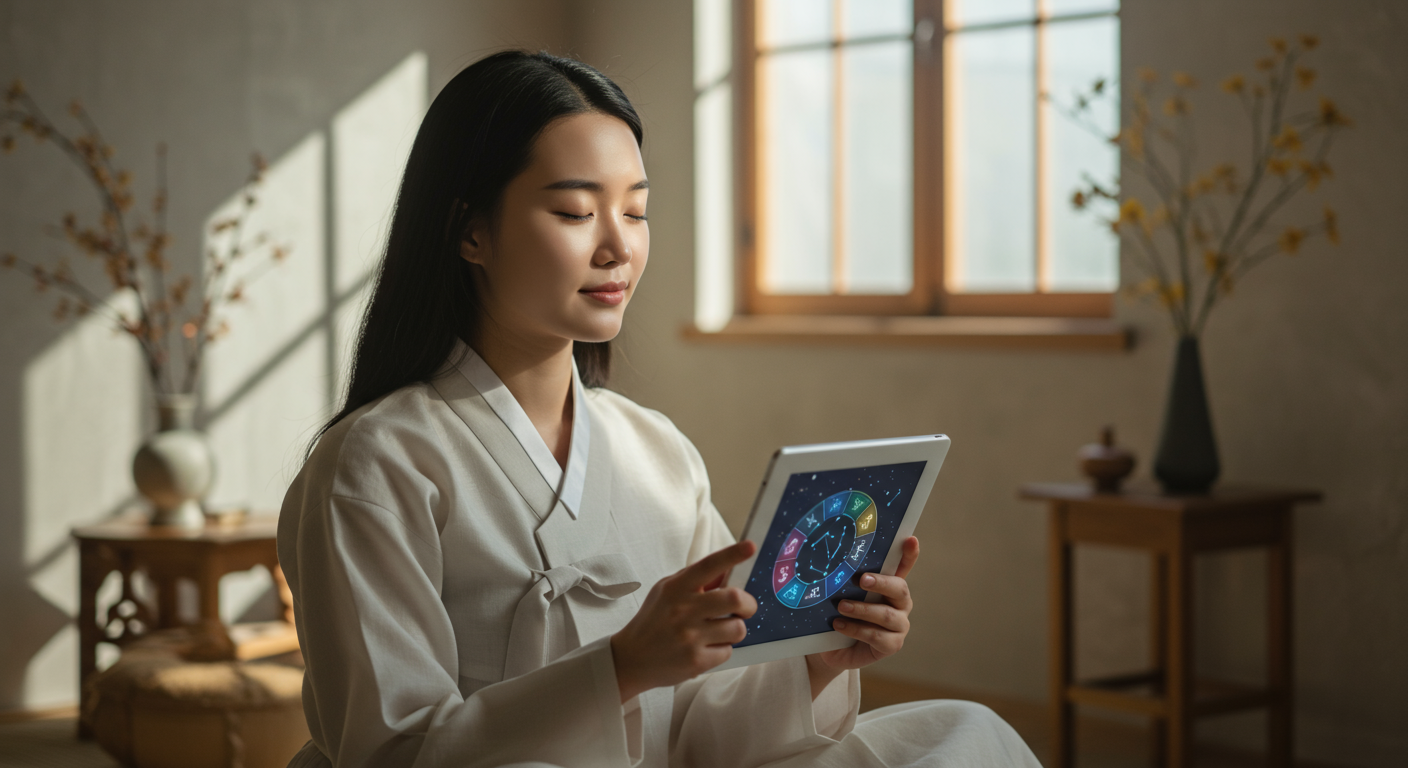 태블릿 화면을 보며 자신의 별자리를 반영하는 평온한 여성