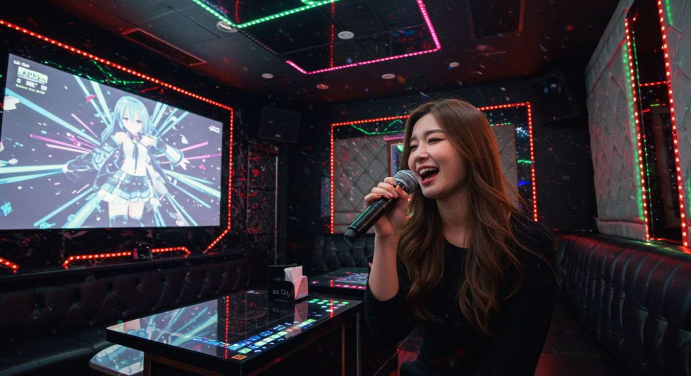 젊은 여성이 화려한 조명이 비추는 노래방에서 마이크를 들고 열창하는 모습