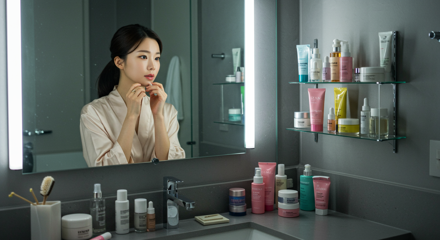 다양한 스킨케어 제품 앞에서 고민하는 현대 여성의 모습