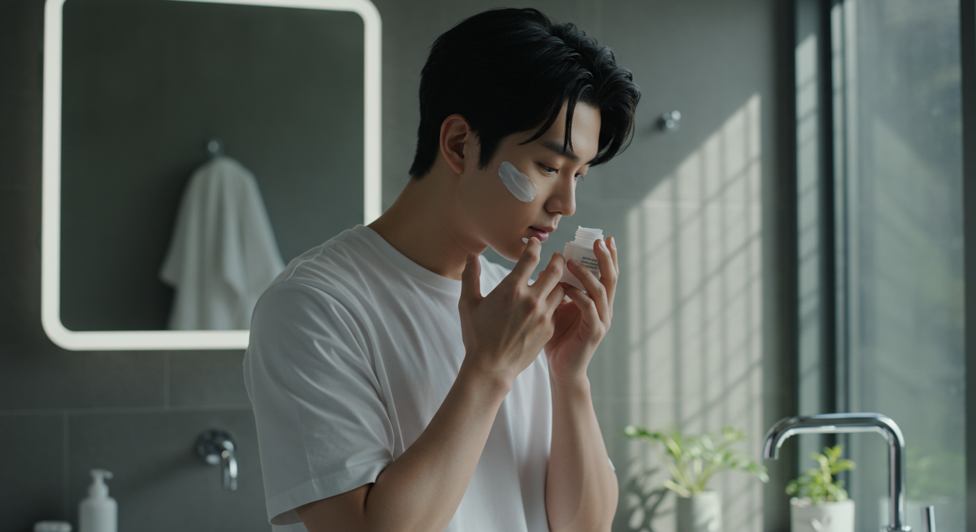 산뜻한 텍스처의 수분크림을 바르는 젊은 남자의 모습