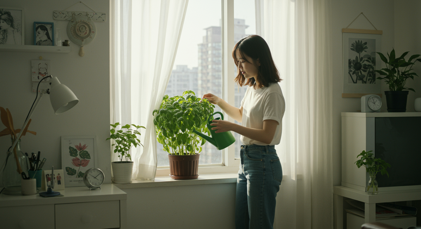 현대적 아파트 창가에서 바질트리를 돌보는 초보 가드너