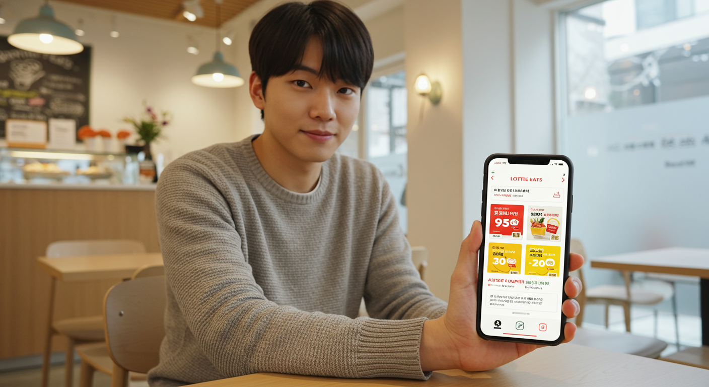 롯데잇츠 앱에서 추가 할인을 받을 수 있는 쿠폰이 활성화된 스마트폰 화면과 카페에서 앱을 사용하는 젊은이