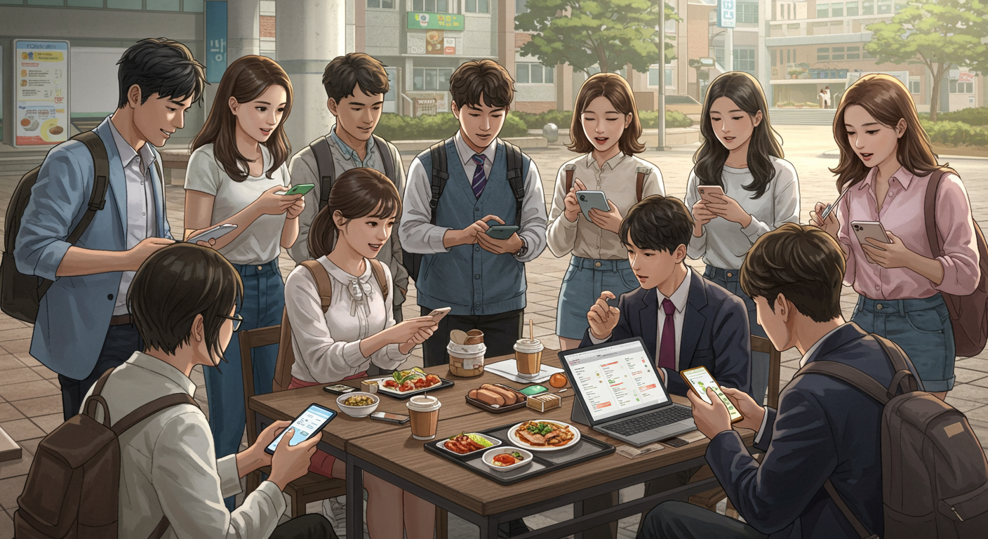 다양한 사람들이 직장이나 대학 캠퍼스에서 모바일 앱으로 점심 계획을 세우며 활발히 상호작용하는 모습