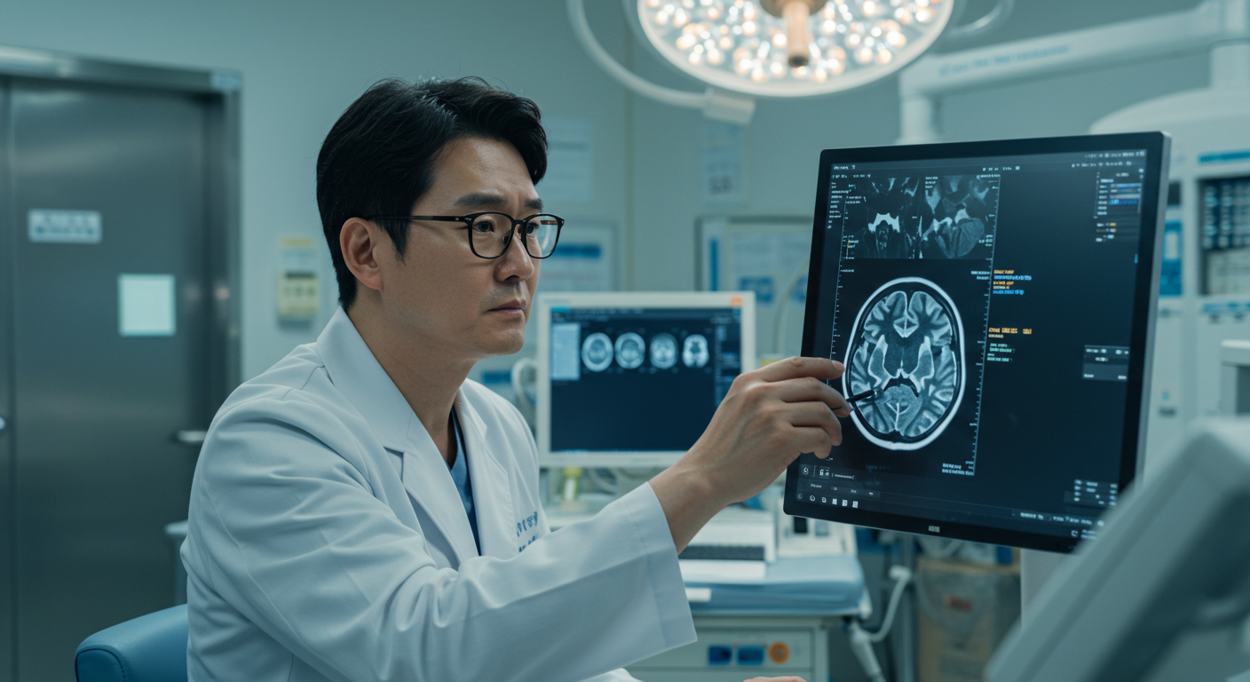현대 병원에서 환자의 뇌 스캔을 검토하는 걱정스러운 표정의 의료 전문가