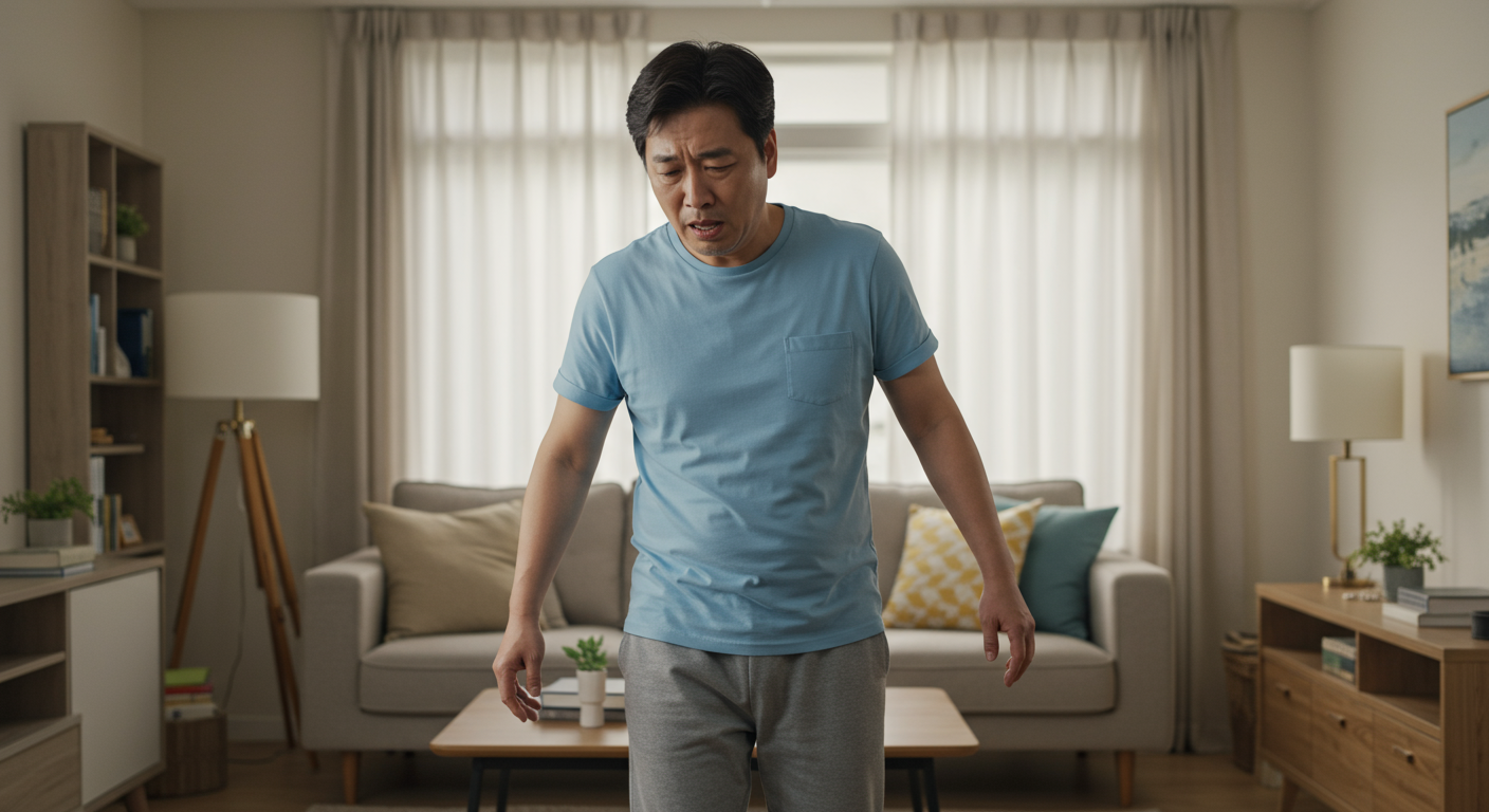 거실에서 한쪽 몸에 힘이 빠진 상태로 이동에 어려움을 겪는 남성