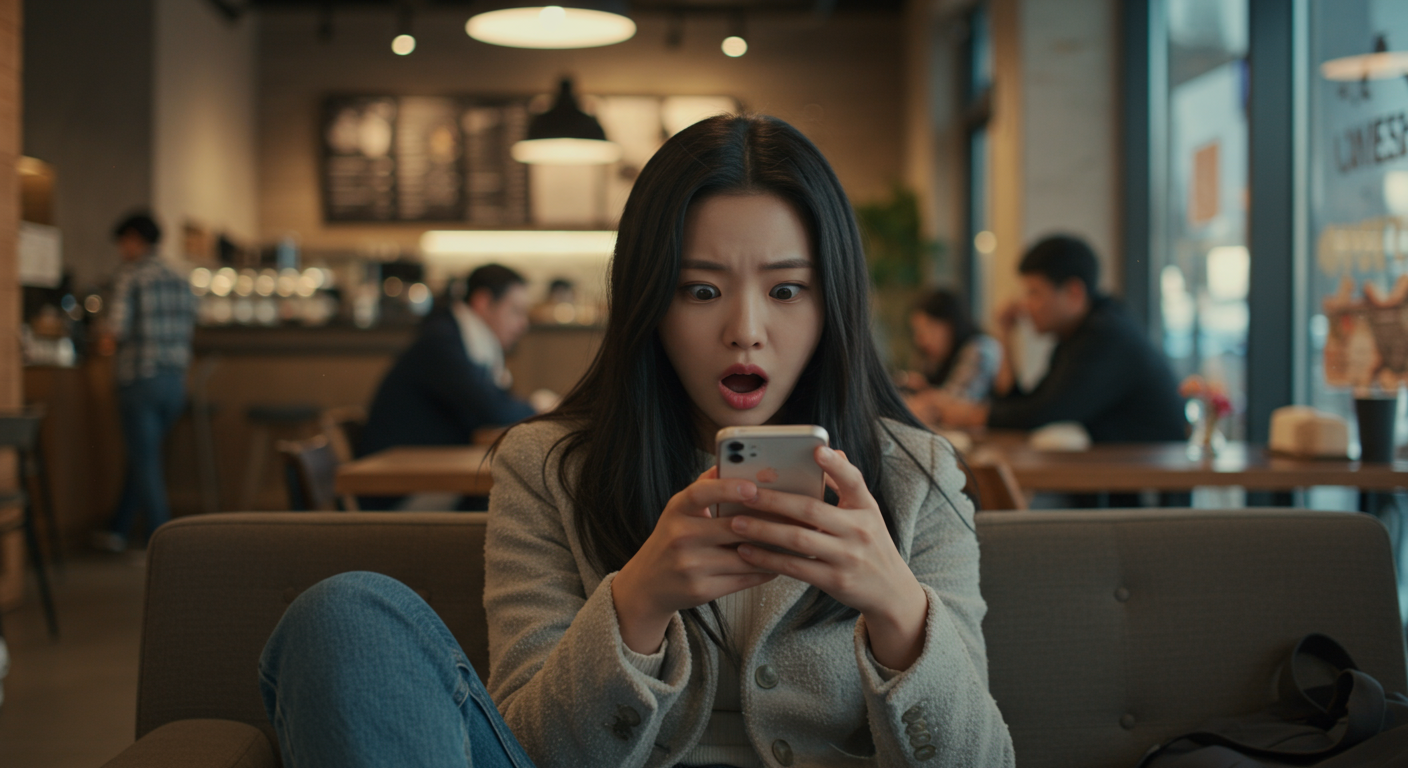 카페에서 스마트폰으로 웹툰을 보고 놀란 표정을 짓고 있는 독자의 모습