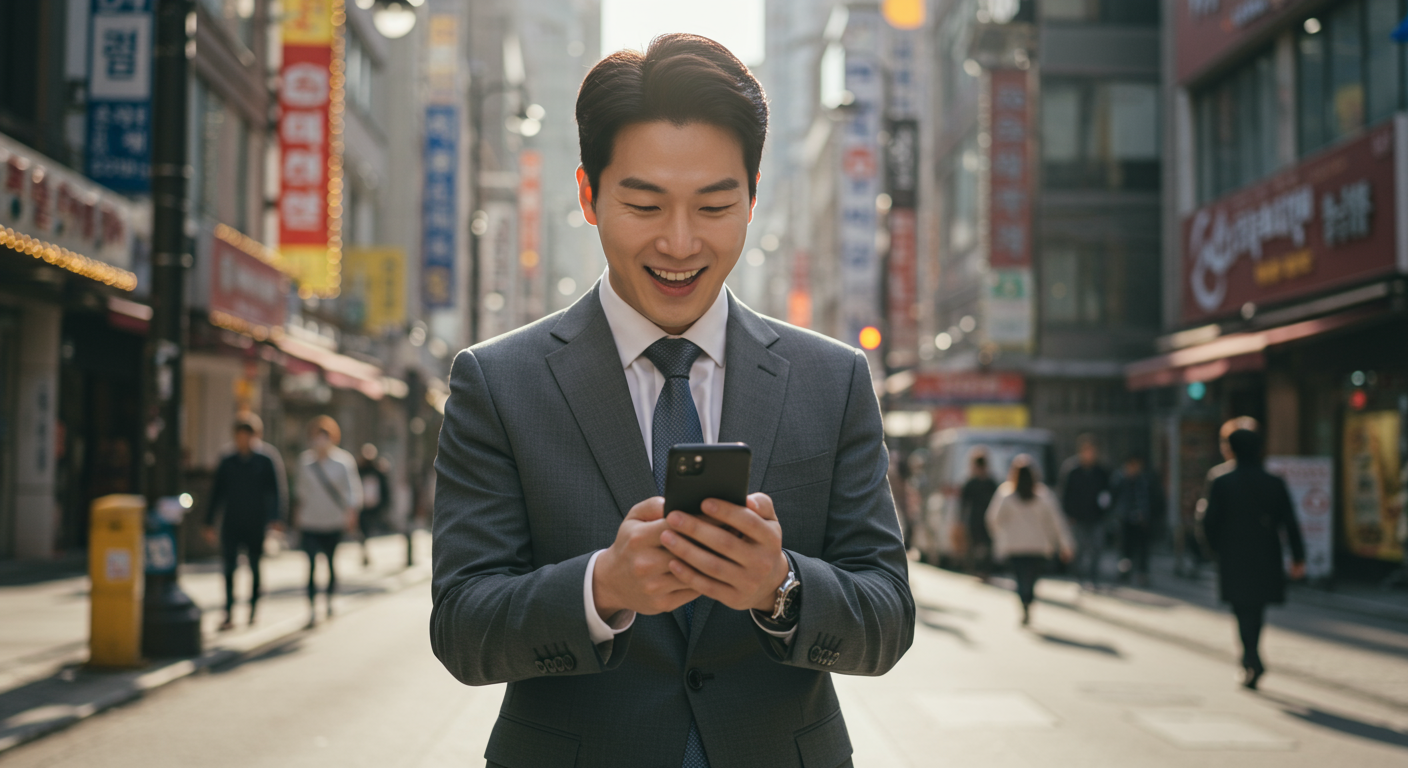 도시 거리에서 좋은 소식을 듣고 기뻐하는 사업가의 모습