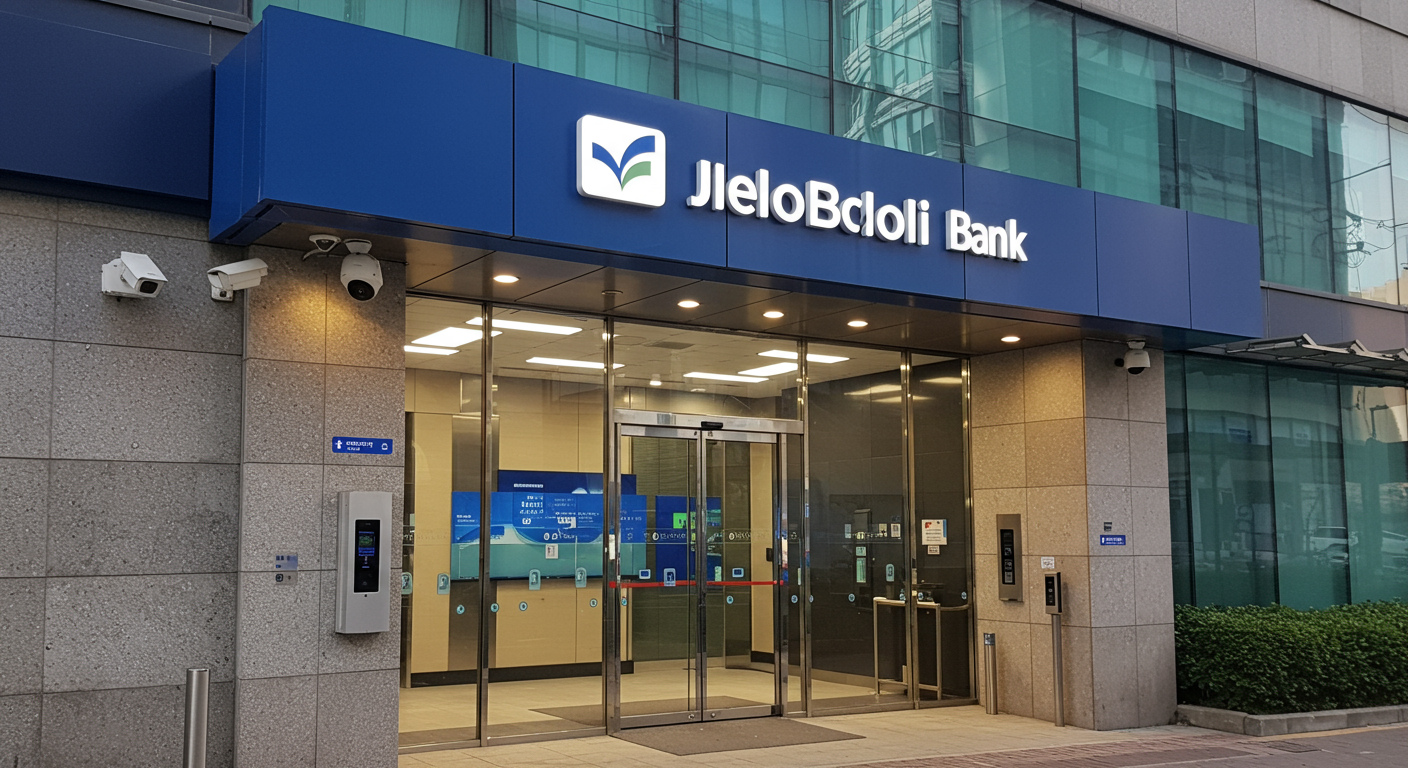 서울 도심에 위치한 첨단 보안 시스템과 기업 로고가 있는 세련된 은행 건물