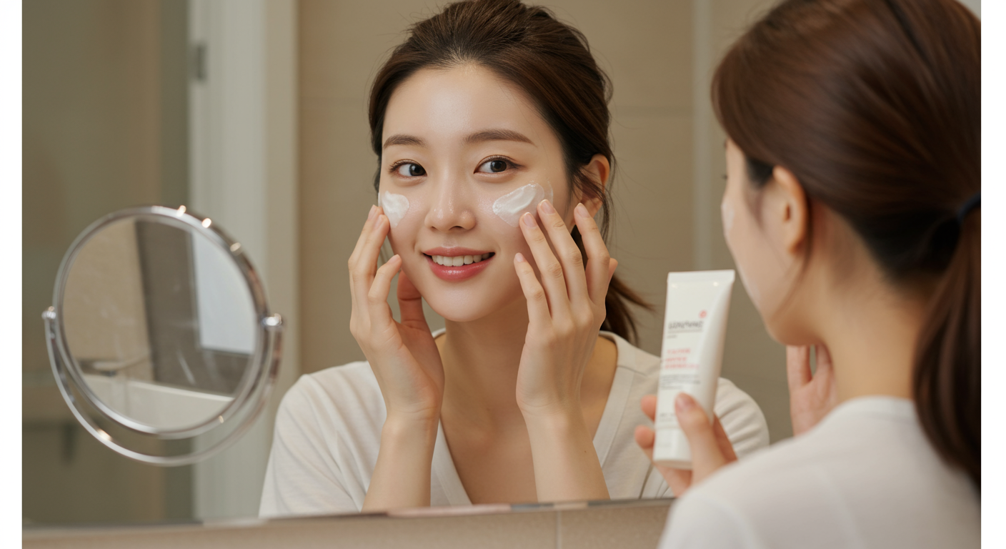 T존과 U존에 다른 스킨케어 제품을 바르는 젊은 여성