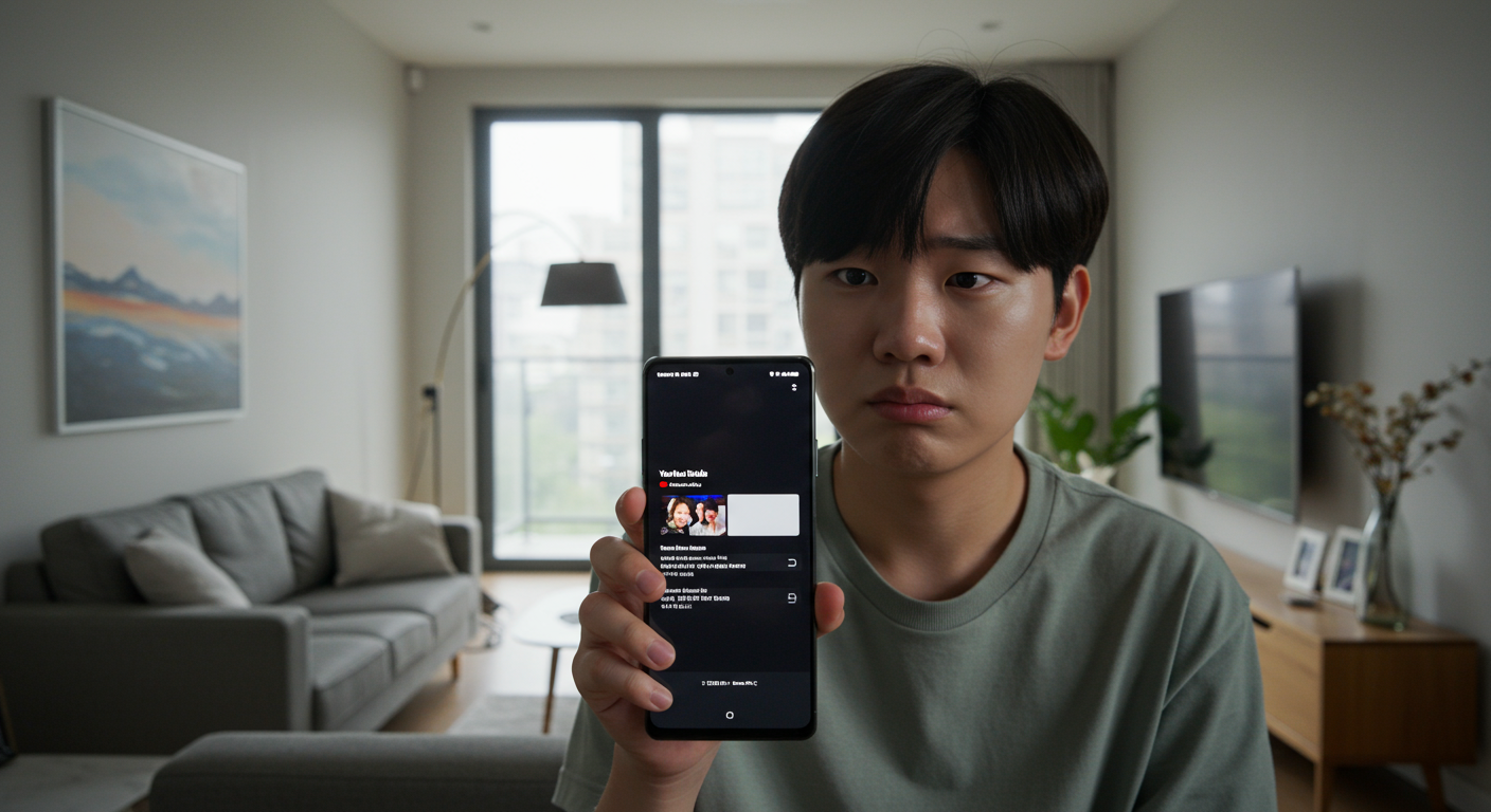 삼성 갤럭시 S24 스마트폰으로 유튜브 시청 중인 사용자가 화면 밝기 문제로 고민하는 모습