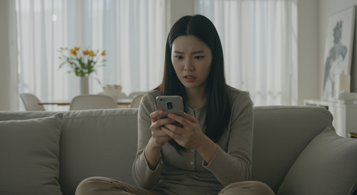 현대적 거실에서 갤럭시 스마트폰으로 유튜브를 보다가 화면이 갑자기 어두워져 당황하는 여성