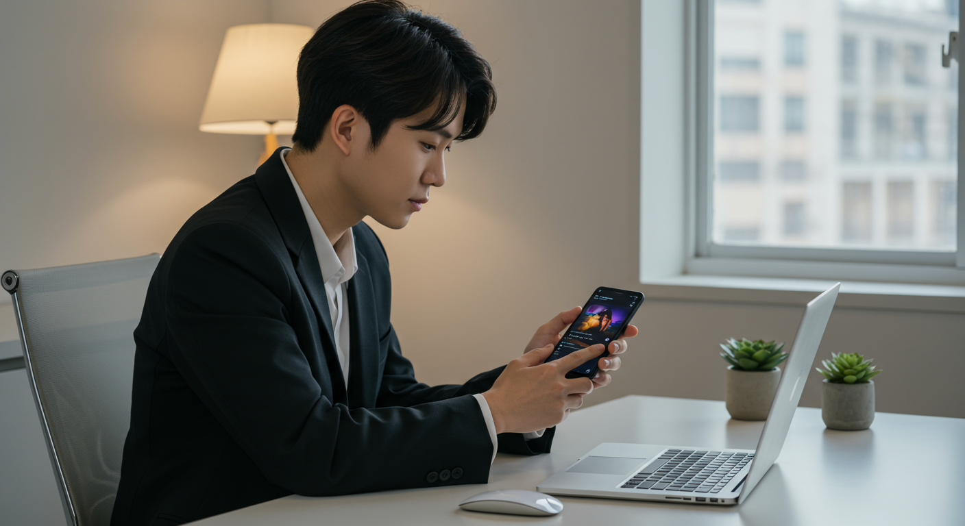 젊은 전문가가 사무실 환경에서 갤럭시 폰의 동영상 밝기를 조정하여 최상의 시청 경험을 위해 노력하는 모습