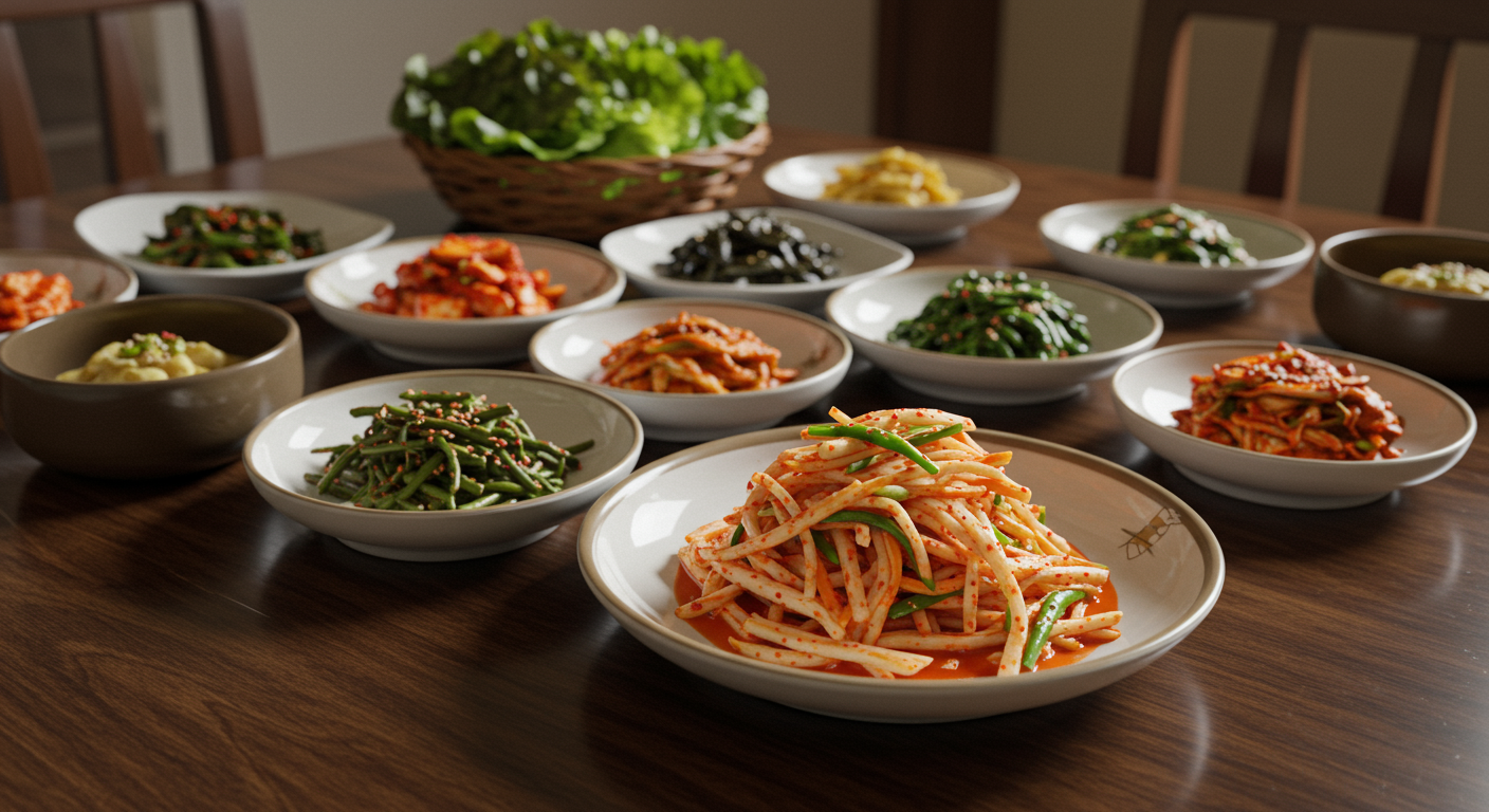 다양한 전통 밑반찬과 함께 놓인 신선한 무생채가 있는 한국 식탁