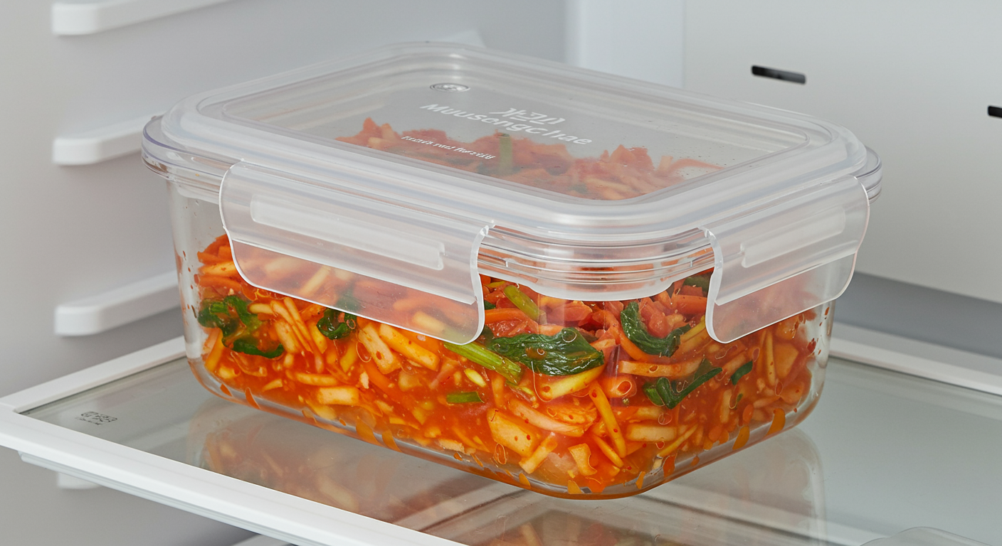 최상의 맛을 위해 밀폐 용기에 저장된 냉장고 속의 무생채