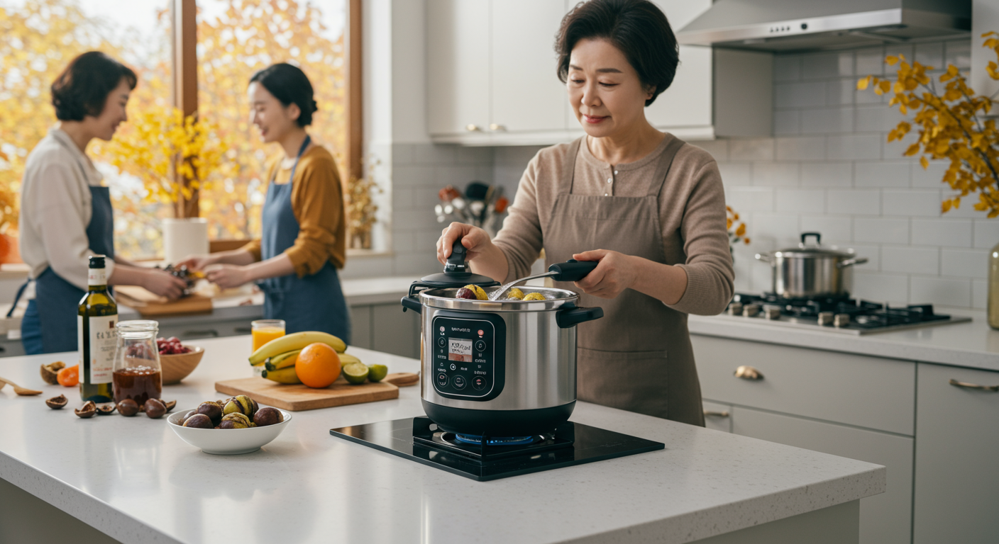 주방 카운터에서 압력밥솥으로 빠르게 조리되는 밤