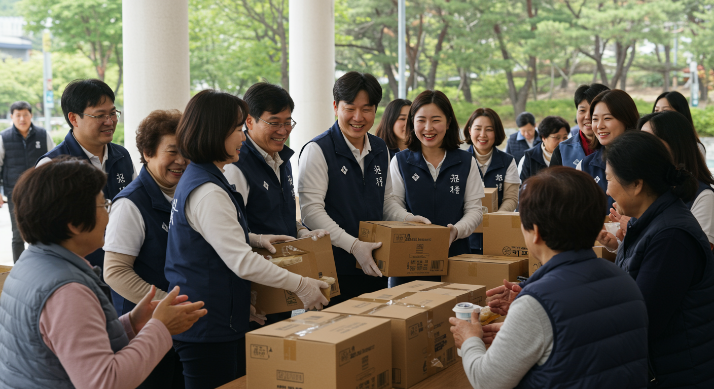지역 교회의 한국인 봉사자들이 다양한 사람들에게 음식을 나누며 봉사활동을 하는 모습