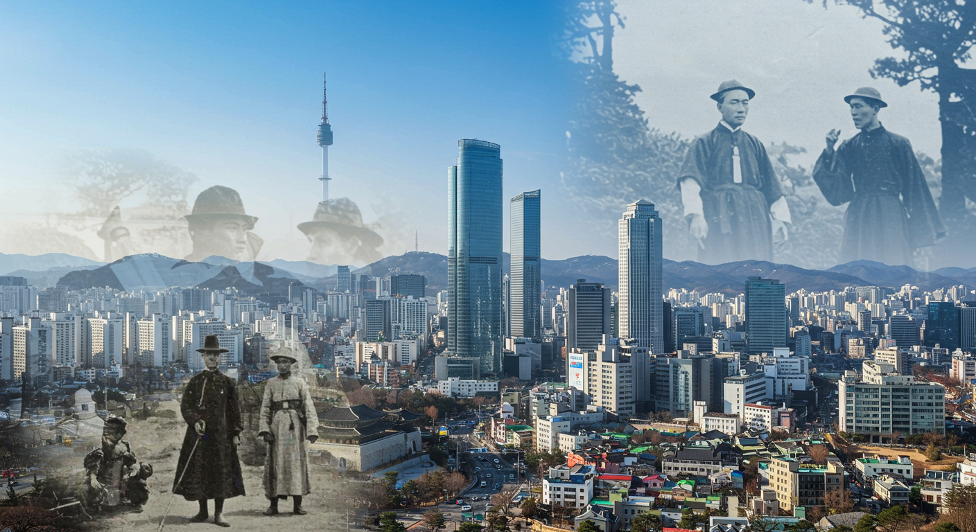 현대 한국 도시 풍경 위에 초기 선교사들의 역사적 도착 모습이 겹쳐진 장면