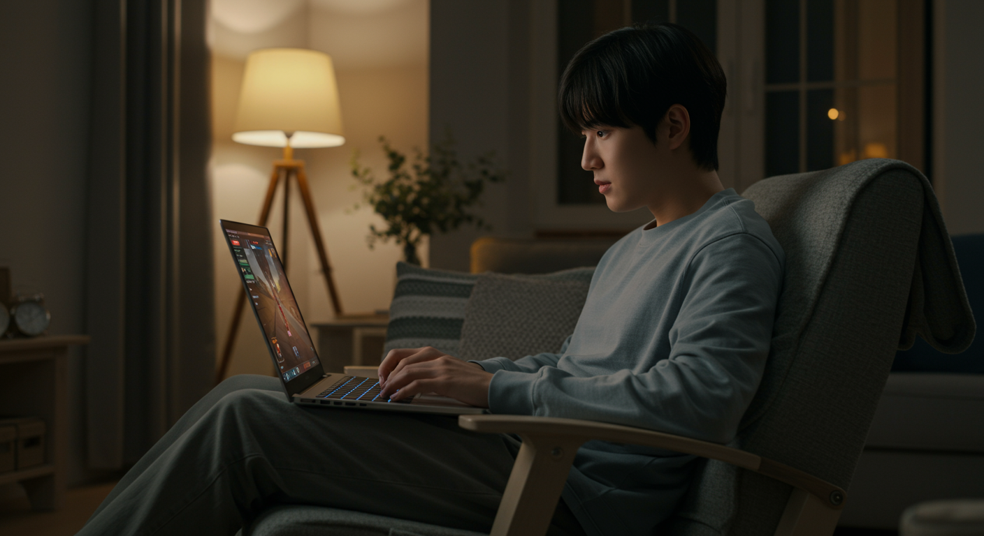 편안한 환경에서 노트북으로 게임 스토리를 진행하는 젊은 플레이어