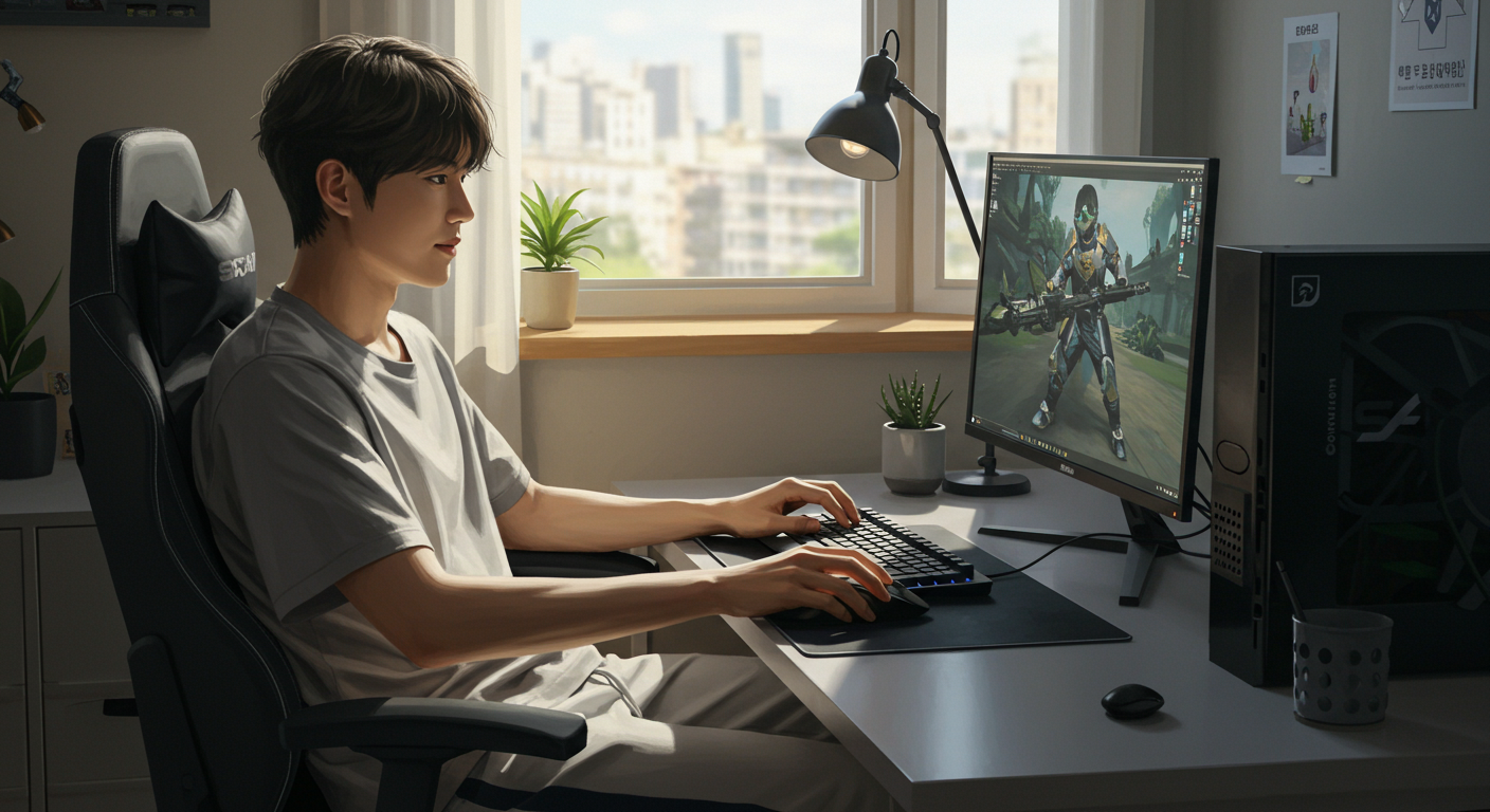 젊은 남성이 햇살이 비치는 방에서 캐주얼한 게임 세팅으로 스캡 모드를 즐기는 모습