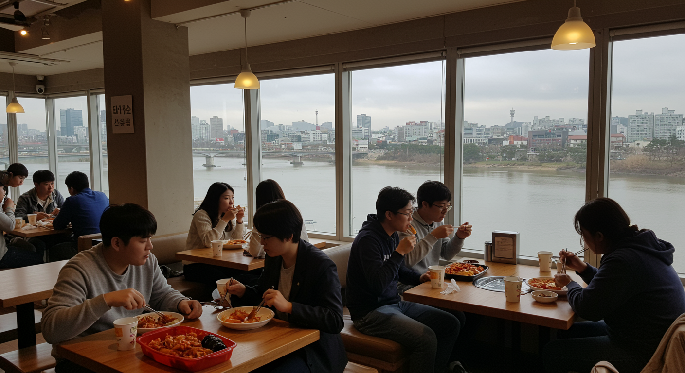 탁 트인 한강 전망이 보이는 아늑한 김밥집에서 손님들이 김밥과 떡볶이를 즐기는 모습