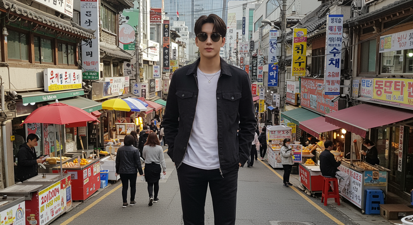 서울 거리에서 패셔너블한 복장을 입고 서 있는 키 큰 남성 연예인