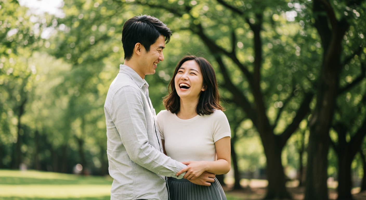 공원에서 즐거운 시간을 보내며 서로 미소 짓는 한국 커플