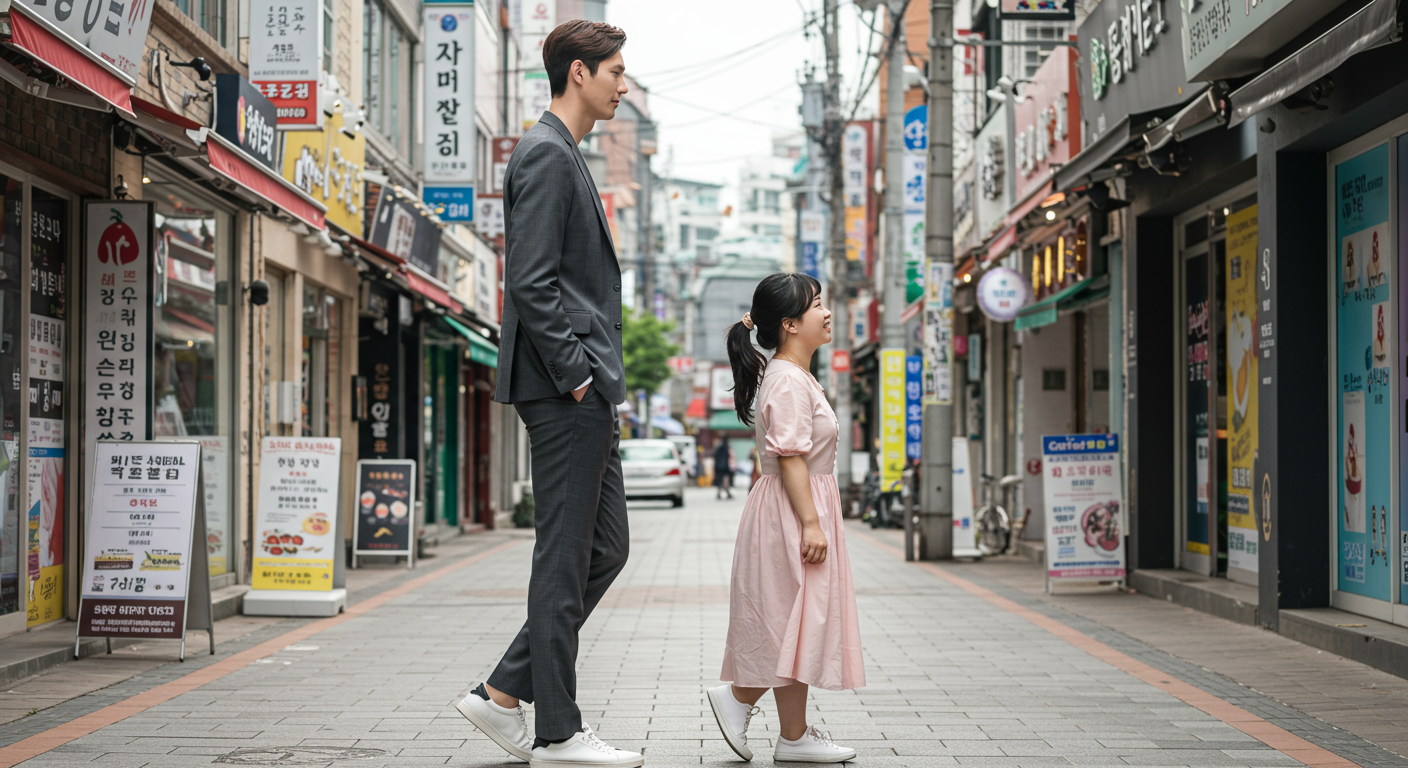 현대적인 한국 거리에서 걸어가는 키가 다른 남녀 커플