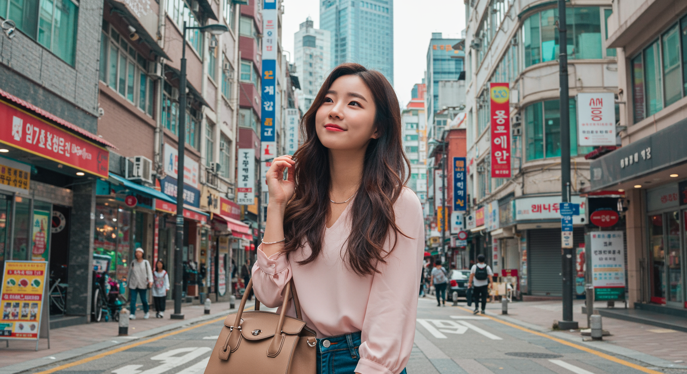 도시 거리에서 상상을 펼치는 젊은 여성