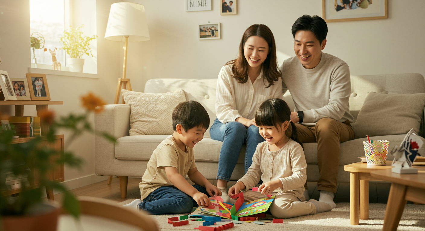 따뜻한 거실에서 종이놀이북으로 노는 아이들과 미소 짓는 부모
