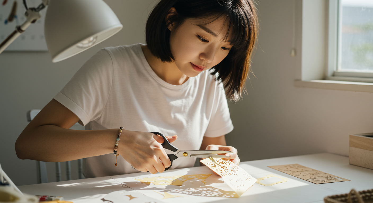 집에서 정교하게 종이를 자르는 한국 여성의 모습