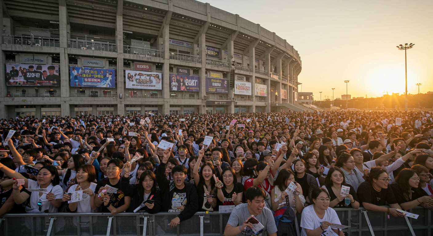 해질녘 큰 경기장 밖에서 콘서트 티켓을 들고 환호하는 신난 팬들
