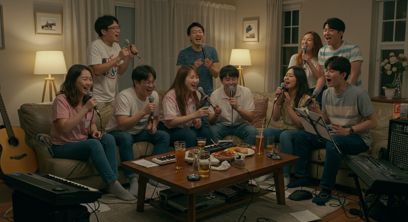 친구들이 함께 노래방 세션을 즐기며 웃고 있는 다채로운 모습