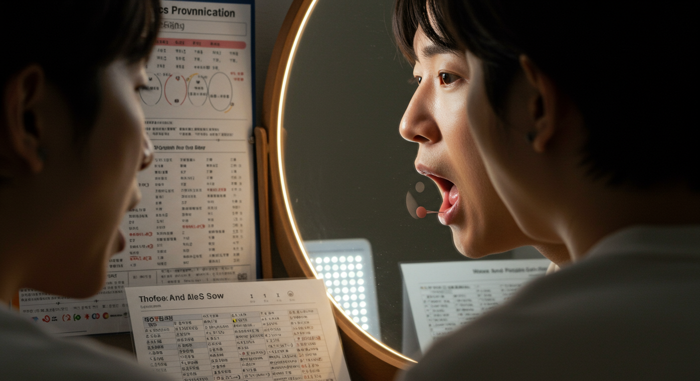 거울 앞에서 영어 발음을 연습하며 입 모양과 음성 기호를 확인하는 성인의 모습