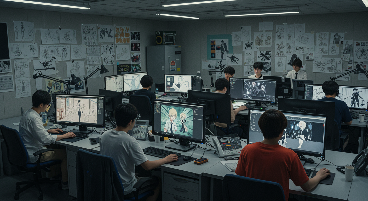 애니메이션 장면을 스케치하고 채색하는 바쁜 스튜디오의 모습