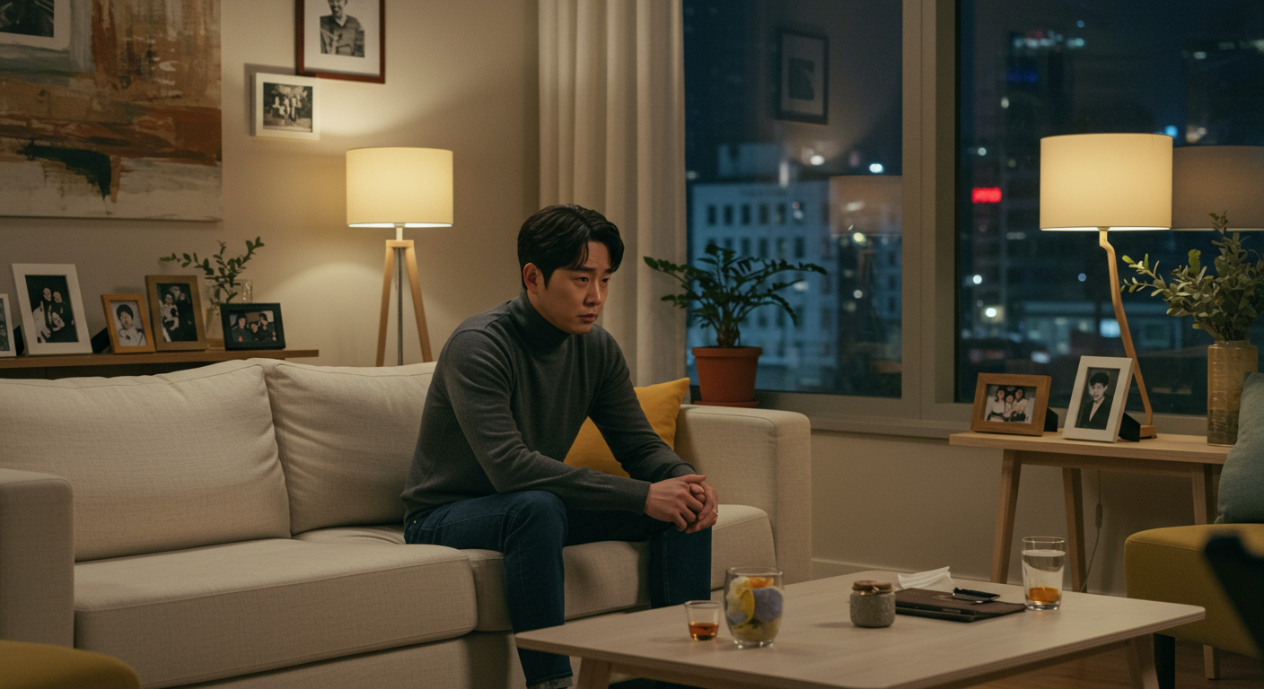 현대적 거실에서 과거 가족관계를 되새기는 연예인의 모습