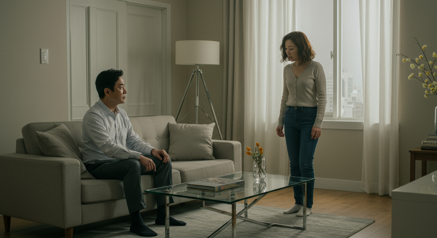 세련된 아파트에서 갈등을 겪고 있는 중년 부부의 긴장된 대화