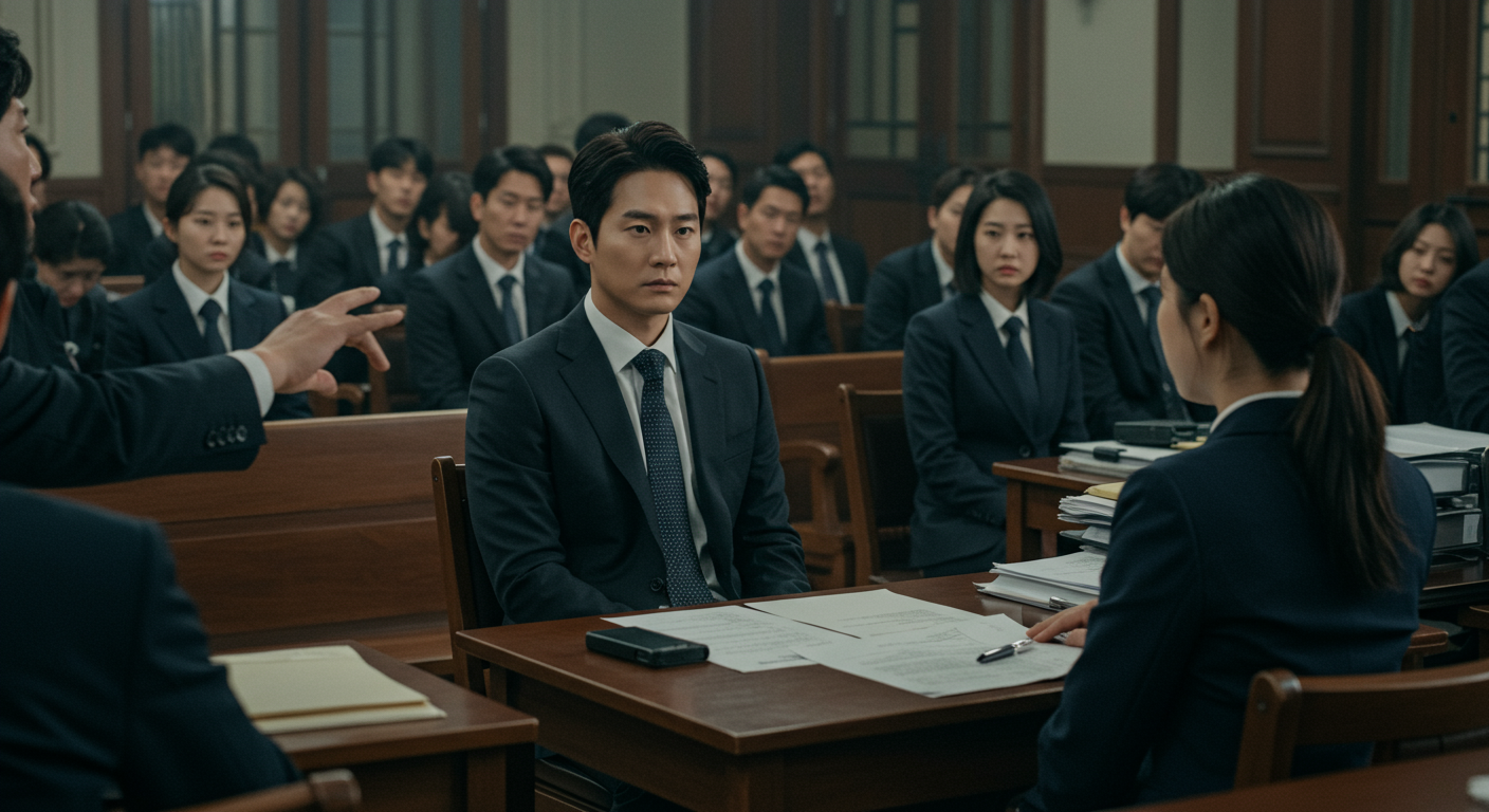 가족 문제로 법정에서 치열하게 다투는 한국 남성과 여성