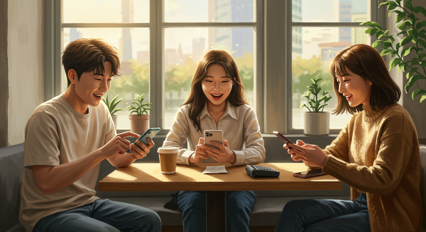 카페에서 각자 스마트폰으로 계산하는 젊은 친구들